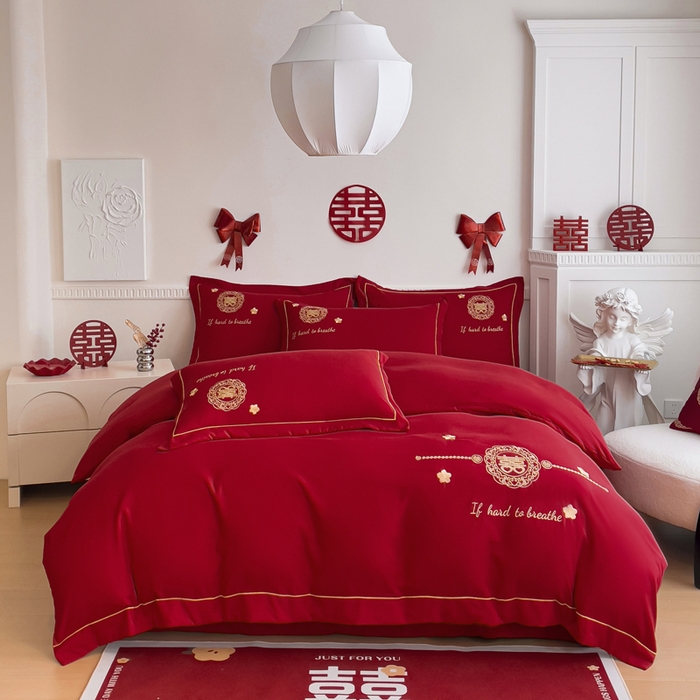 91家纺网 家纺一手货源 找家纺 2024新款亲肤面料婚庆刺绣系列四件套 吾家有喜