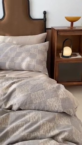 91家纺网 家纺一手货源 找家纺 棉邦 2024新款全棉色织工艺双层纱四件套 大展宏图米白