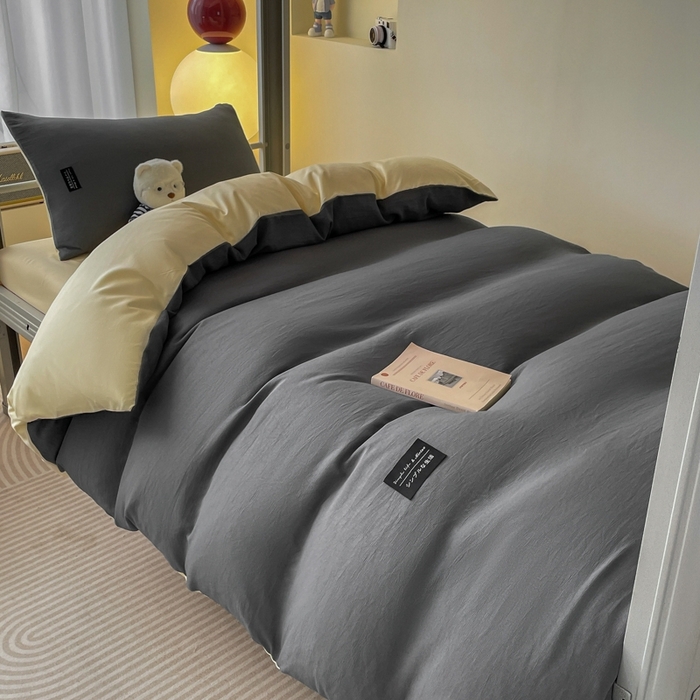 91家纺网 家纺一手货源 找家纺 米瑞娜2024水洗棉麻双拼纯色学生款四件套 中灰+奶茶