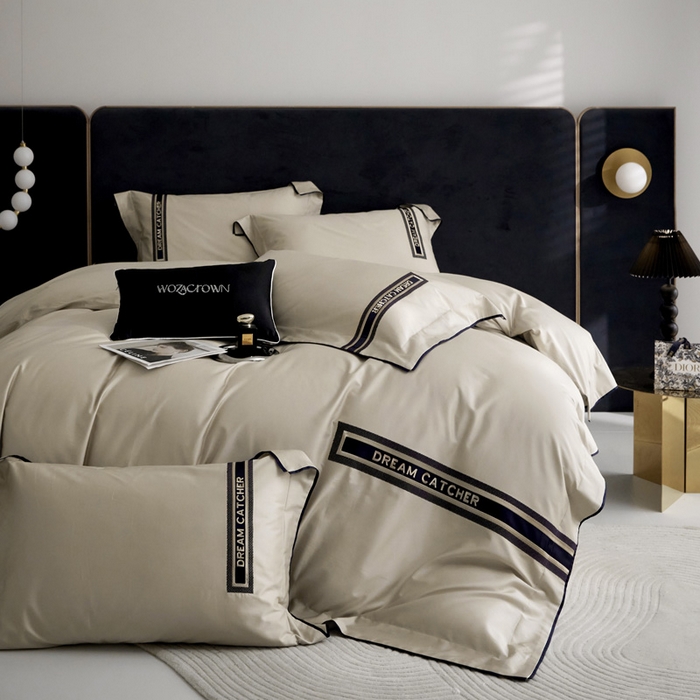 91家纺网 家纺一手货源 找家纺 爱缦 2024新款100支澳棉CR工艺极简轻奢刺绣四件套-茹伊 风格二 云深茶白