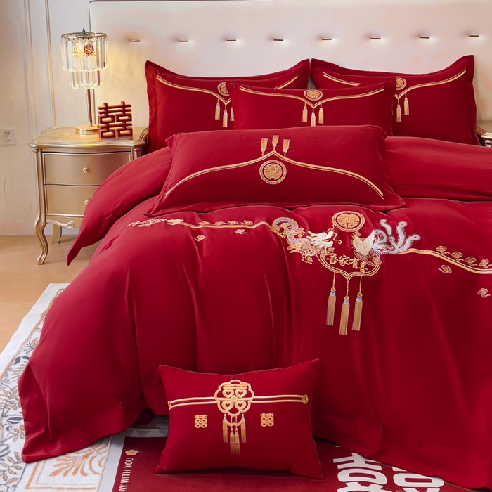 91家纺网 家纺一手货源 找家纺 2024新款亲肤面料婚庆刺绣系列四件套 龙凤呈祥