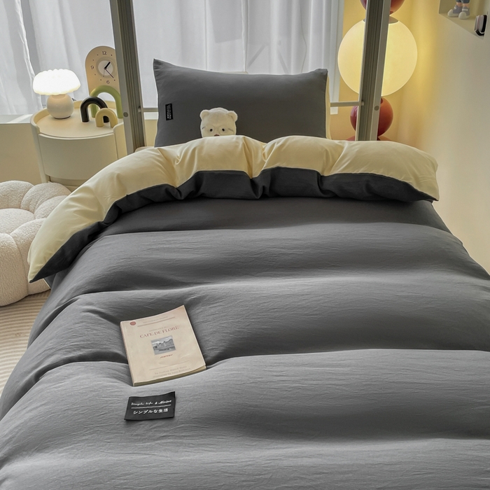 91家纺网 家纺一手货源 找家纺 米瑞娜 2024新款水洗棉麻双拼纯色学生三件套 中灰+奶茶