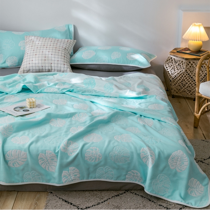 91家纺网 家纺一手货源 找家纺 朴尔 2024经典六层纱布全棉毛巾被系列 芭蕉情缘-蓝