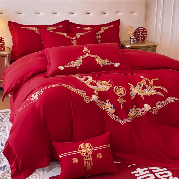 91家纺网 家纺一手货源 找家纺 2024新款亲肤面料婚庆刺绣系列四件套 欢喜龙凤