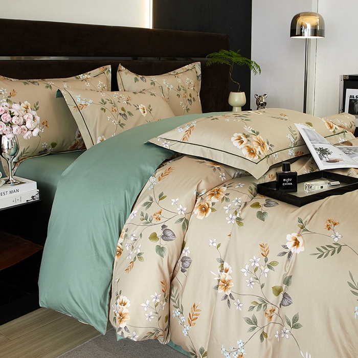 91家纺网 家纺一手货源 找家纺 沐白 2024新款全棉全棉13376全活性印花黄金棉系列四件套 木槿-咖