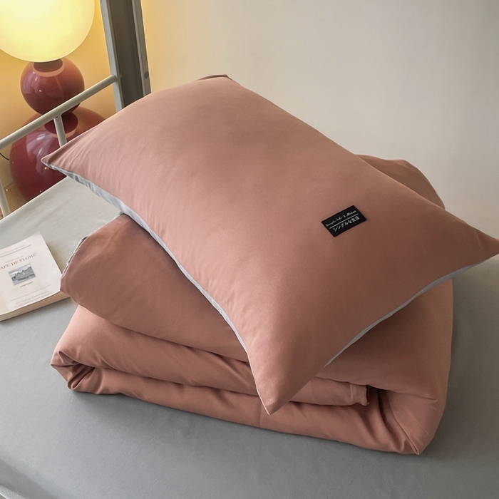 91家纺网 家纺一手货源 找家纺 米瑞娜2024水洗棉麻双拼纯色学生款枕套  黛粉+浅灰