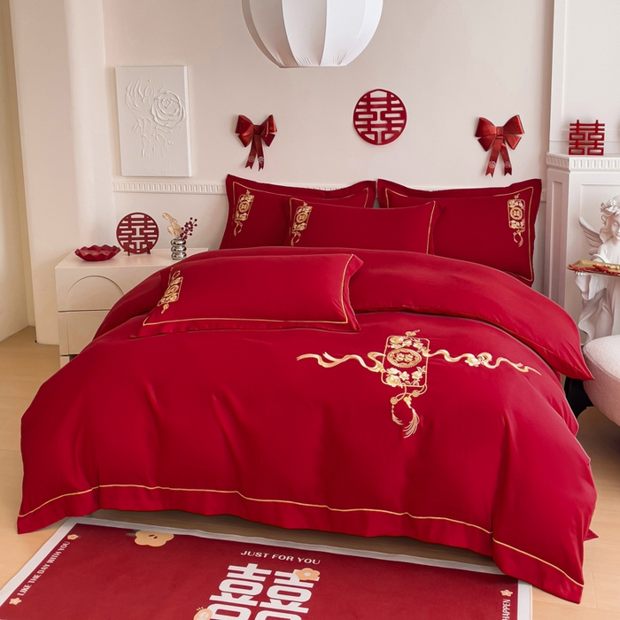 91家纺网 家纺一手货源 找家纺 2024新款亲肤面料婚庆刺绣系列四件套 喜事连连