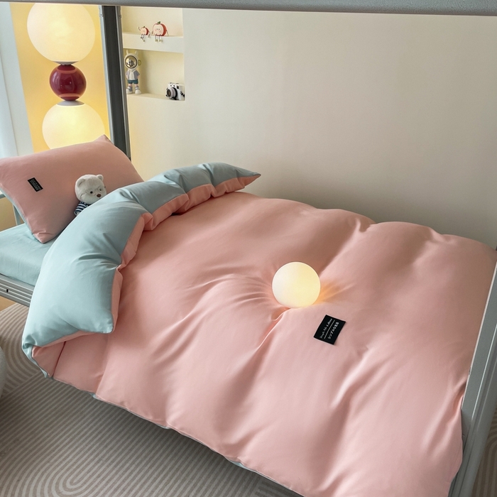 91家纺网 家纺一手货源 找家纺 米瑞娜2024水洗棉麻双拼纯色学生款四件套 冰粉+自然绿