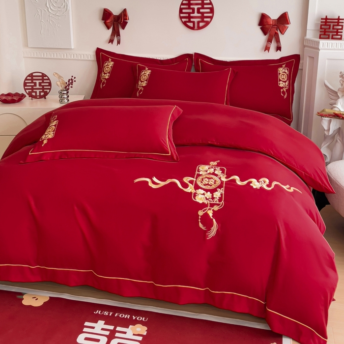 91家纺网 家纺一手货源 找家纺 2024新款亲肤面料婚庆刺绣系列四件套 喜事连连