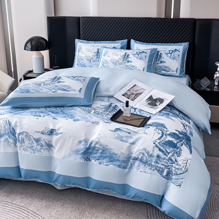 91家纺网 家纺一手货源 找家纺 2024新款水洗真丝画意山水系列四件套 画意山水-蓝