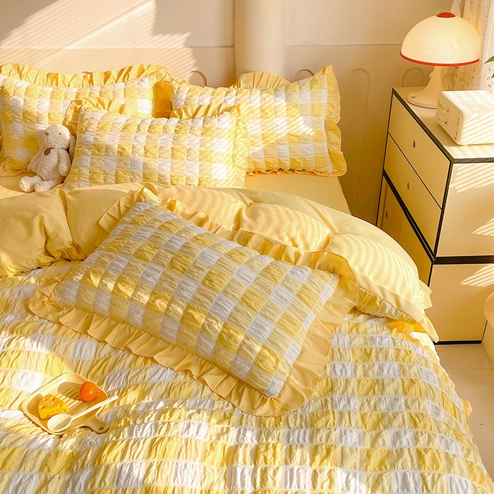 91家纺网 家纺一手货源 找家纺 （总）九诺 2024春夏新款泡泡纱花边彩虹泡芙系列四件套