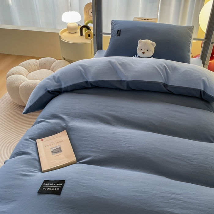 91家纺网 家纺一手货源 找家纺 米瑞娜 2024新款水洗棉麻双拼纯色学生三件套 雾蓝+淡蓝