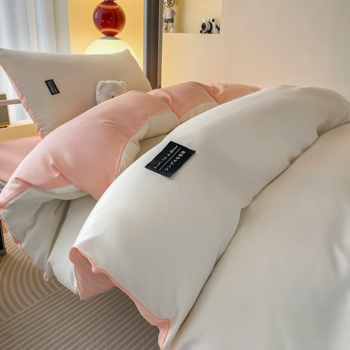 91家纺网 家纺一手货源 找家纺 米瑞娜2024水洗棉麻双拼纯色学生款被套 奶白+冰粉