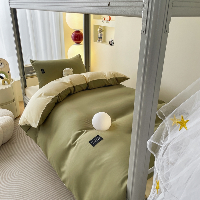 91家纺网 家纺一手货源 找家纺 米瑞娜 2024新款水洗棉麻双拼纯色学生三件套 抹茶+奶油