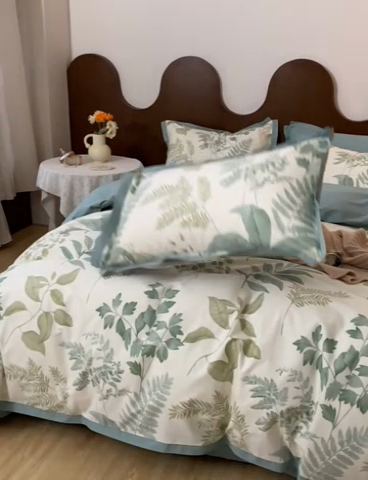 91家纺网 家纺一手货源 找家纺 千朵森 2024新款全棉长绒棉拼角款印花四件套（风格二） 绿茵