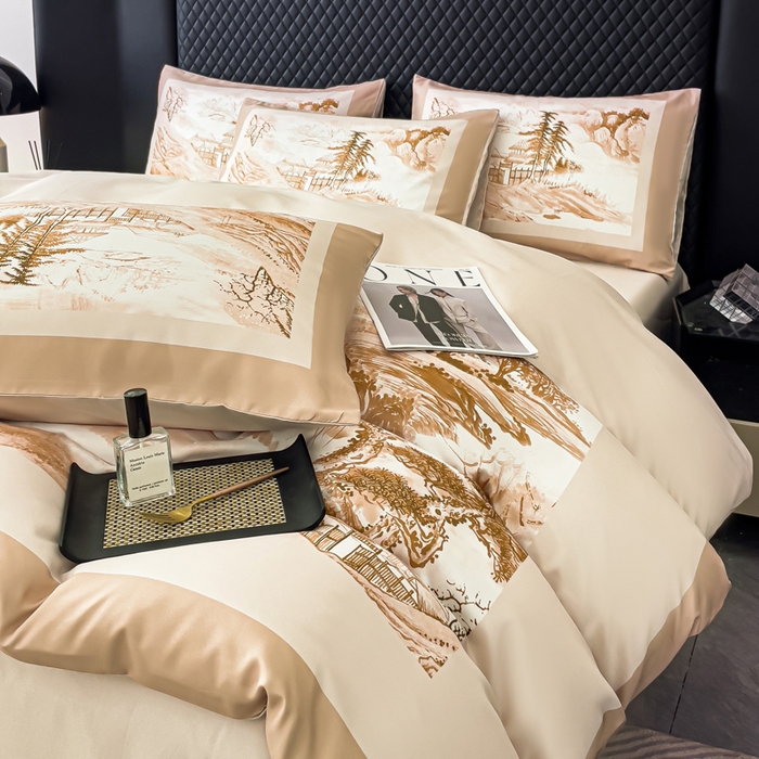 91家纺网 家纺一手货源 找家纺 2024新款水洗真丝画意山水系列四件套 画意山水-咖