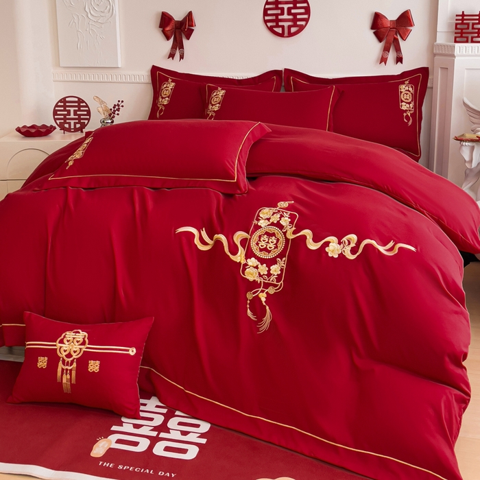 91家纺网 家纺一手货源 找家纺 2024新款亲肤面料婚庆刺绣系列四件套 喜事连连