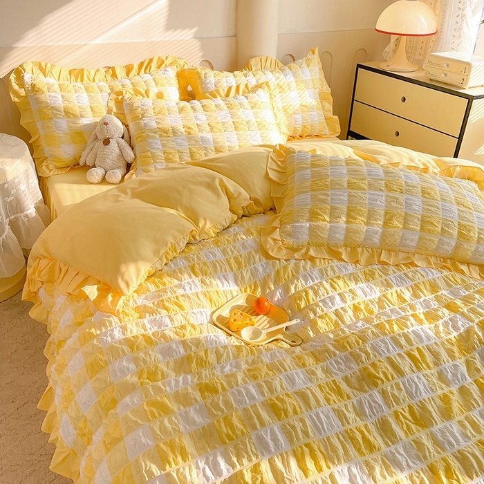 91家纺网 家纺一手货源 找家纺 （总）九诺 2024春夏新款泡泡纱花边彩虹泡芙系列四件套