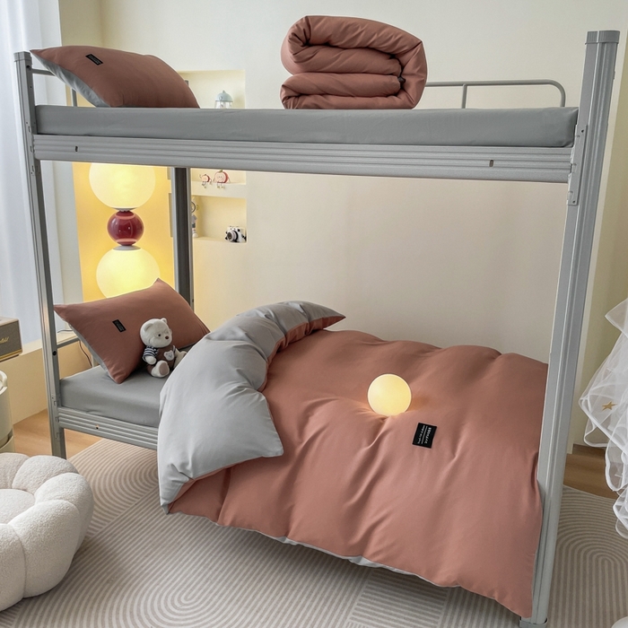 91家纺网 家纺一手货源 找家纺 米瑞娜2024水洗棉麻双拼纯色学生款被套 黛粉+浅灰