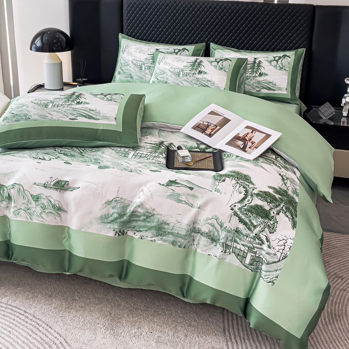 91家纺网 家纺一手货源 找家纺 2024新款水洗真丝画意山水系列四件套 画意山水-绿