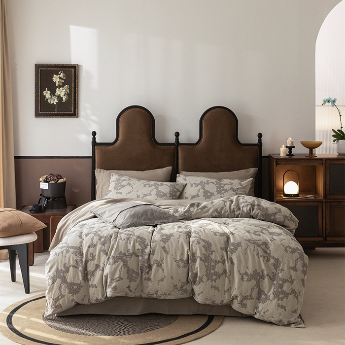 91家纺网 家纺一手货源 找家纺 棉邦 2024新款全棉色织工艺双层纱四件套 大展宏图米白