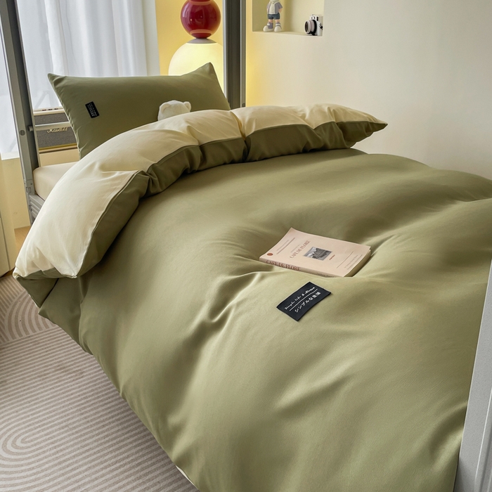 91家纺网 家纺一手货源 找家纺 米瑞娜 2024新款水洗棉麻双拼纯色学生三件套 抹茶+奶油