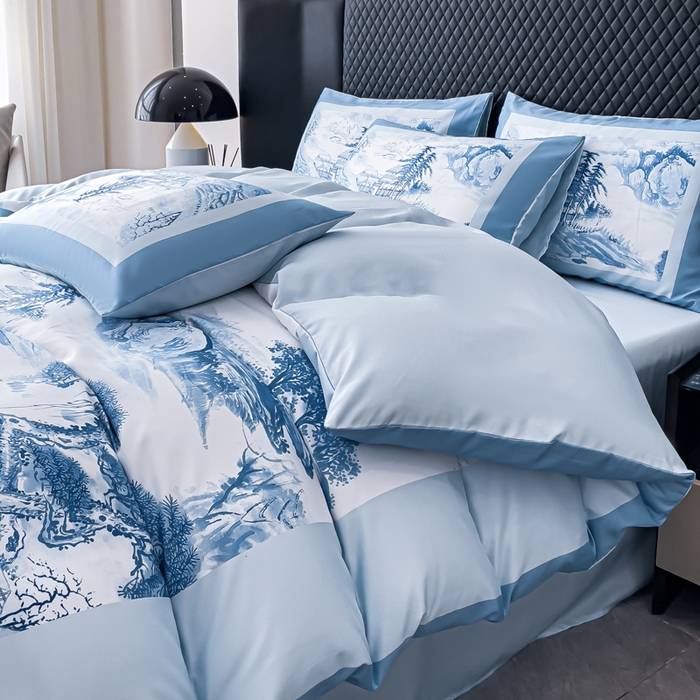91家纺网 家纺一手货源 找家纺 2024新款水洗真丝画意山水系列四件套 画意山水-蓝