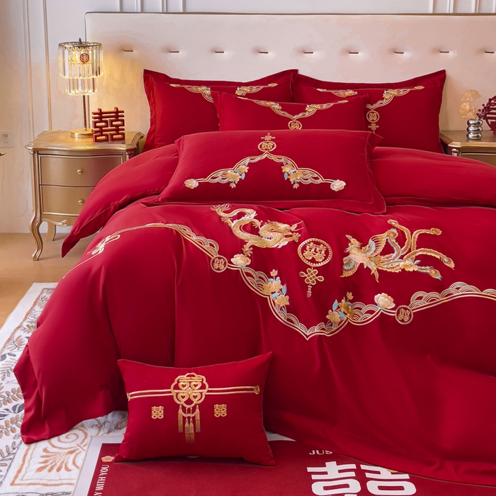 91家纺网 家纺一手货源 找家纺 2024新款亲肤面料婚庆刺绣系列四件套 欢喜龙凤