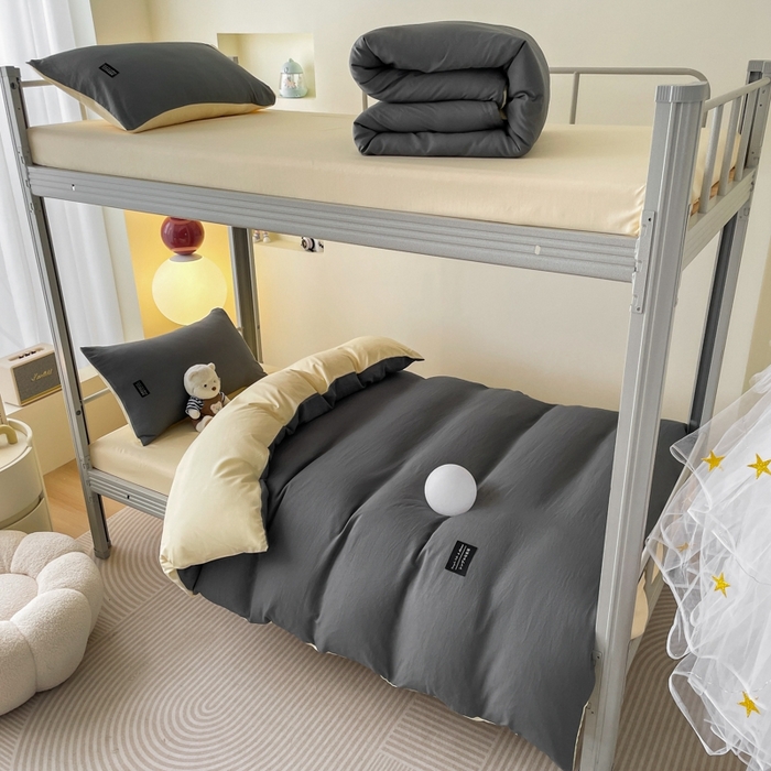 91家纺网 家纺一手货源 找家纺 米瑞娜2024水洗棉麻双拼纯色学生款四件套 中灰+奶茶