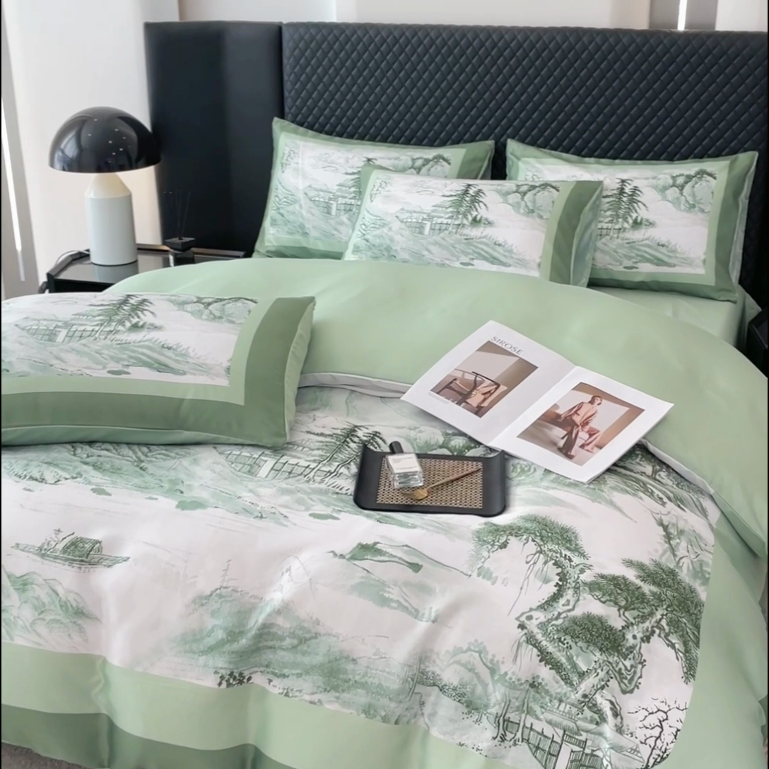 91家纺网 家纺一手货源 找家纺 2024新款水洗真丝画意山水系列四件套 画意山水-绿