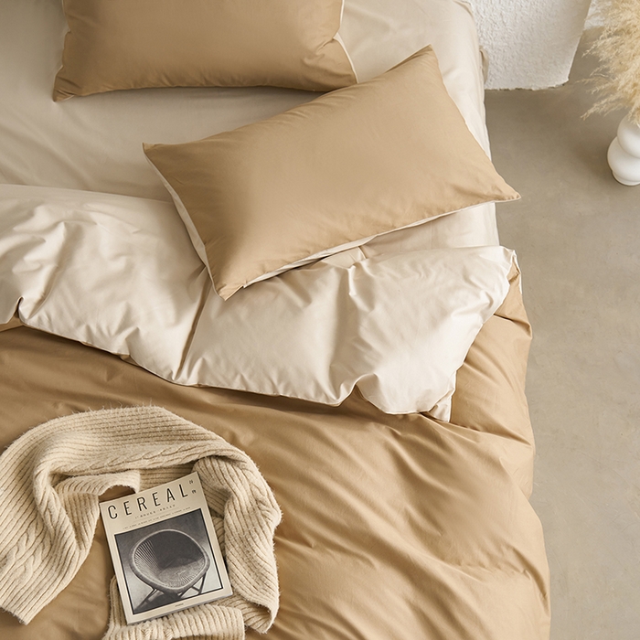 91家纺网 家纺一手货源 找家纺 千朵森 2024新款全棉贡缎双拼纯色四件套 暗香-桦茶棕双拼