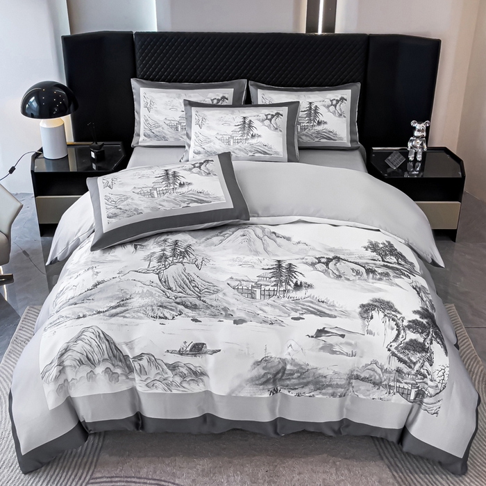 91家纺网 家纺一手货源 找家纺 2024新款水洗真丝画意山水系列四件套 画意山水-灰