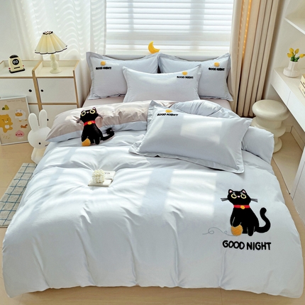 娜娜 2024新款全棉亲肤舒适毛巾绣卡通系列四件套 可爱猫咪-天空蓝