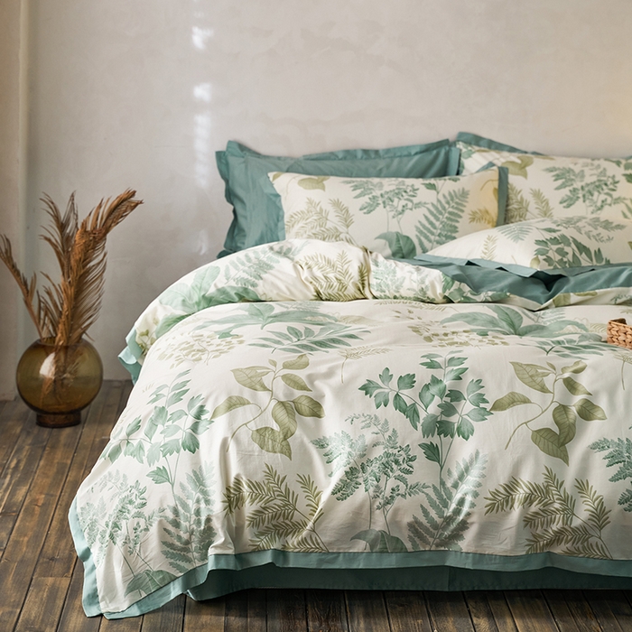 91家纺网 家纺一手货源 找家纺 千朵森 2024新款全棉长绒棉拼角款印花四件套（风格一） 绿茵