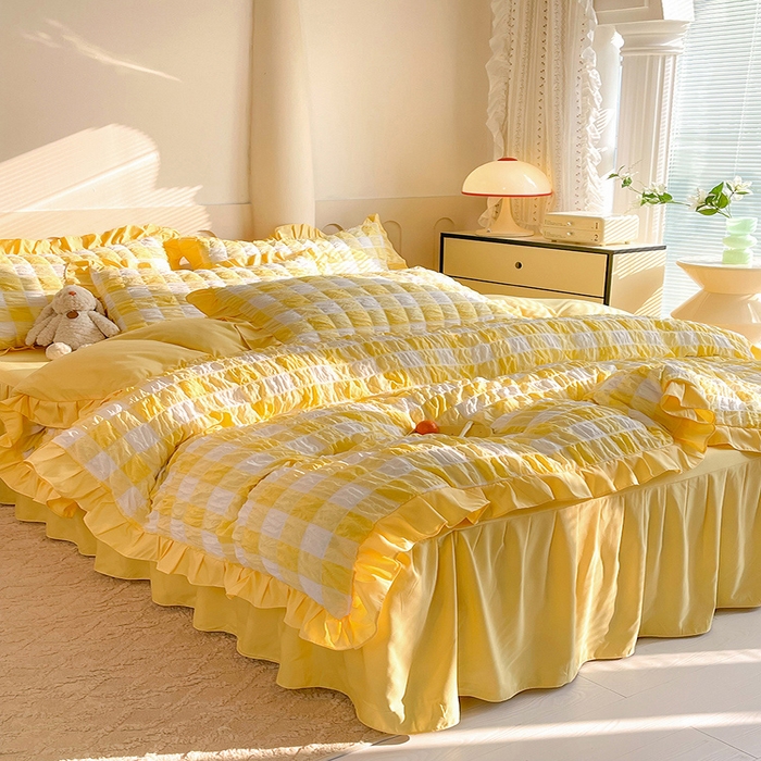 91家纺网 家纺一手货源 找家纺 （总）九诺 2024春夏新款泡泡纱花边彩虹泡芙系列四件套