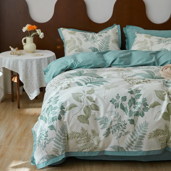 91家纺网 家纺一手货源 找家纺 千朵森 2024新款全棉长绒棉拼角款印花四件套（风格二） 绿茵