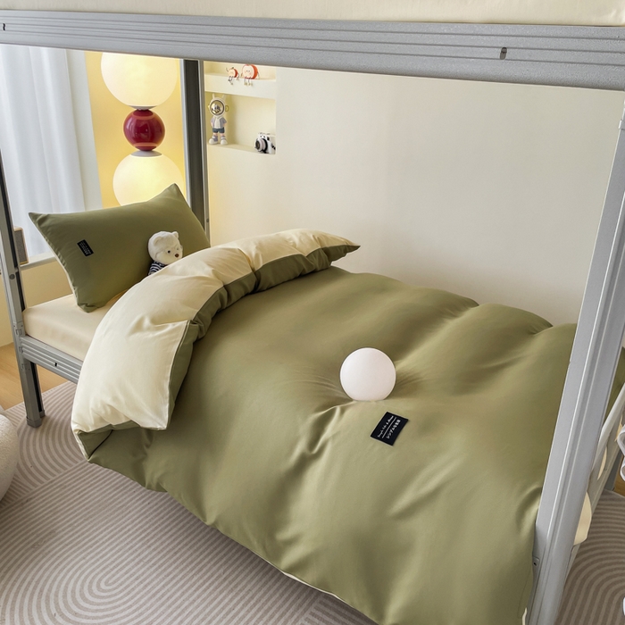 91家纺网 家纺一手货源 找家纺 米瑞娜 2024新款水洗棉麻双拼纯色学生三件套 抹茶+奶油