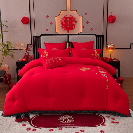 91家纺网 家纺一手货源 找家纺 2024新款加厚亲肤棉刺绣古风婚庆喜被被子被芯 百子迎喜