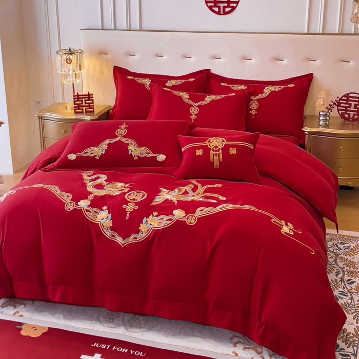 91家纺网 家纺一手货源 找家纺 2024新款亲肤面料婚庆刺绣系列四件套 欢喜龙凤