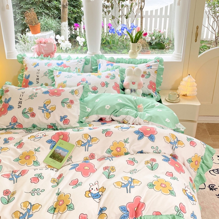 91家纺网 家纺一手货源 找家纺 亨通家纺 2025新款亲肤棉花边韩版床裙四件套 花小妹