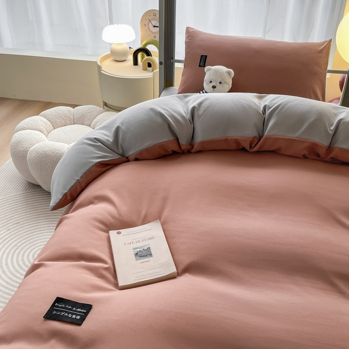 91家纺网 家纺一手货源 找家纺 米瑞娜2024水洗棉麻双拼纯色学生款被套 黛粉+浅灰