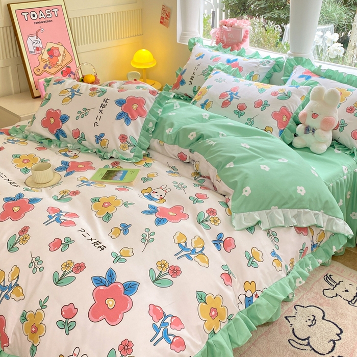 91家纺网 家纺一手货源 找家纺 亨通家纺 2025新款亲肤棉花边韩版床裙四件套 花小妹