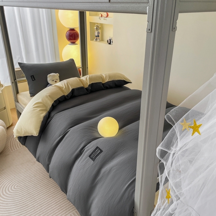 91家纺网 家纺一手货源 找家纺 米瑞娜2024水洗棉麻双拼纯色学生款四件套 中灰+奶茶