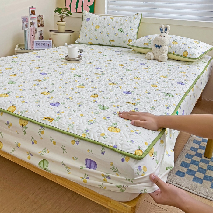 91家纺网 家纺一手货源 找家纺 纽缦家纺 水洗双层纱加厚加棉床笠-床垫保护套 小南瓜