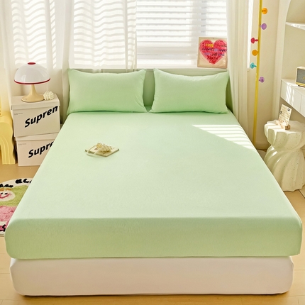 纽缦家纺 2024素色无印风云朵棉单床笠 小绿条