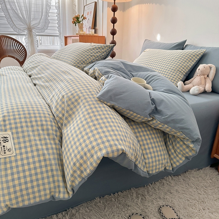 91家纺网 家纺一手货源 找家纺 恋人优选 2024 A类纯棉水洗棉四件套被套(AB版) 蓝黄小格