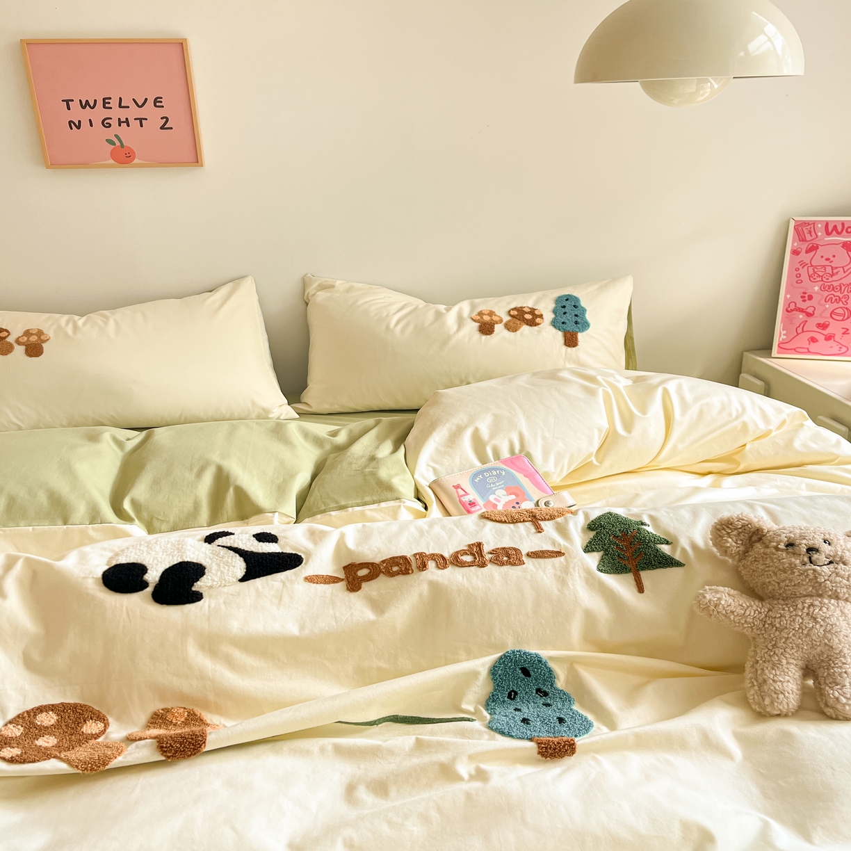 91家纺网 家纺一手货源 找家纺 琪格格2024新款纯棉毛巾绣四件套 森林熊猫