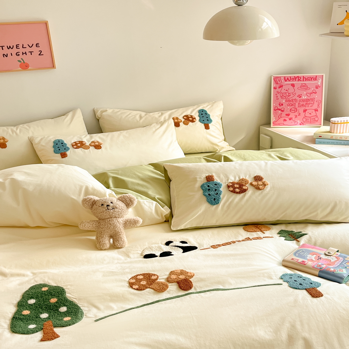 91家纺网 家纺一手货源 找家纺 琪格格2024新款纯棉毛巾绣四件套 森林熊猫