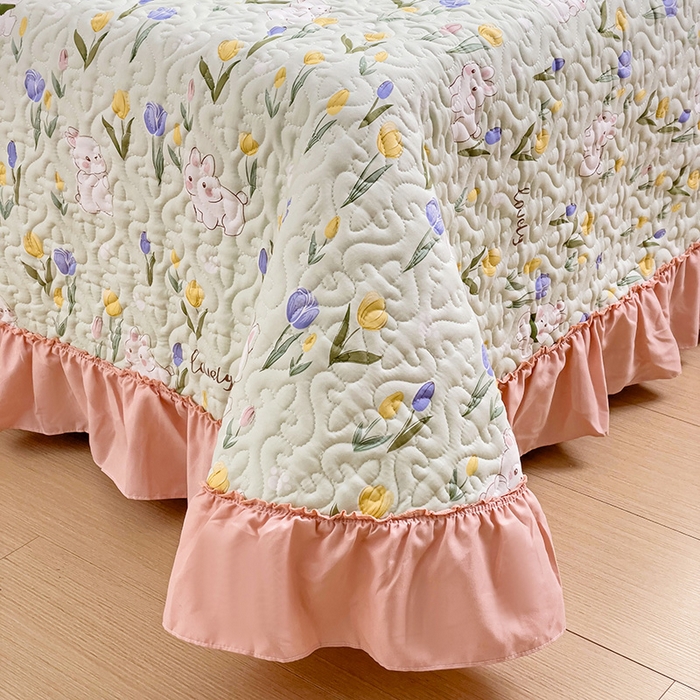 91家纺网 家纺一手货源 找家纺 纽缦家纺 2024水洗双层纱加厚加棉韩版床盖 夹心果冻