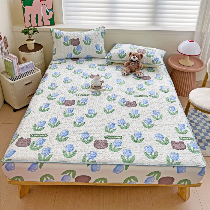 91家纺网 家纺一手货源 找家纺 纽缦家纺 水洗双层纱加厚加棉床笠-床垫保护套 蓝海玫瑰